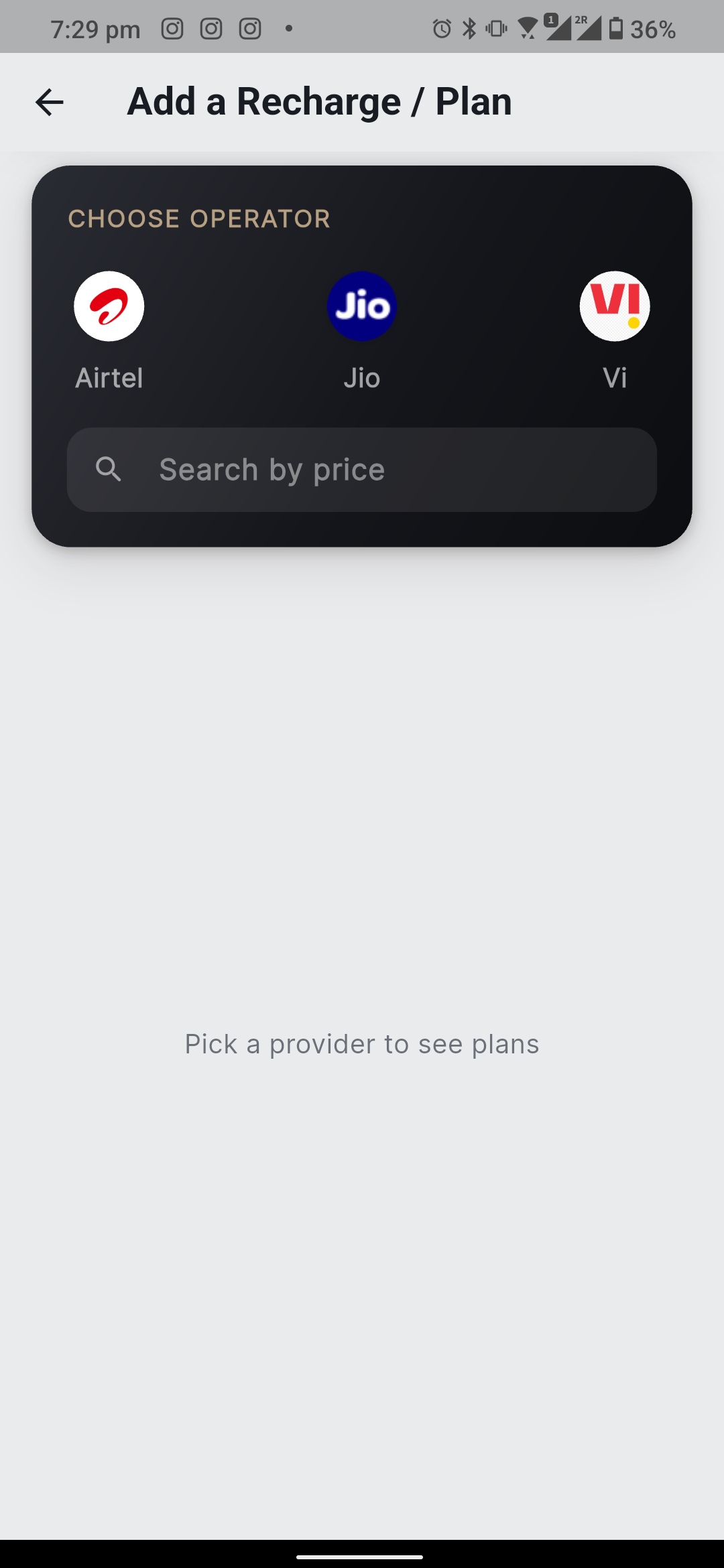 FeeValt add a recharge or plan screen with Airtel, Jio, and Vi operator selection