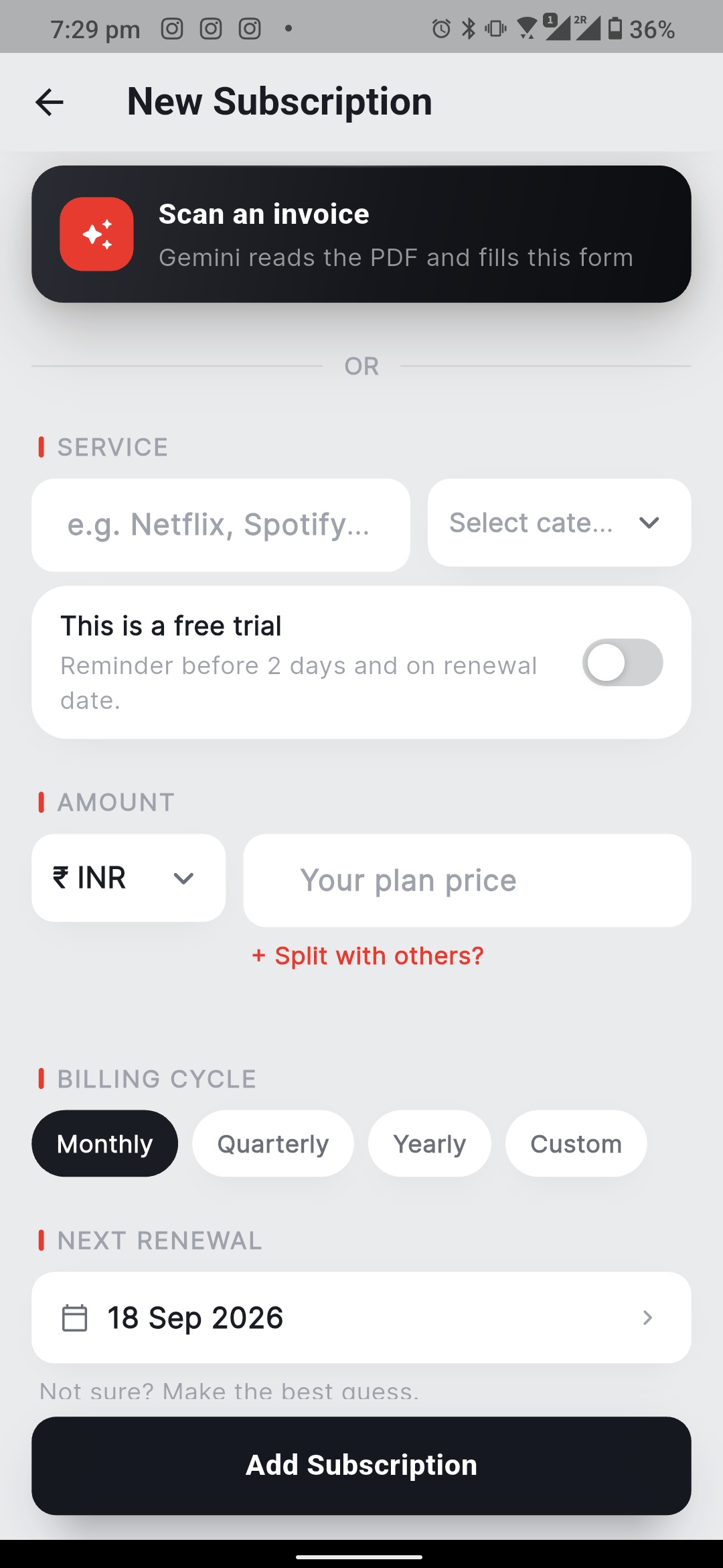 FeeValt new subscription screen with invoice scanning option