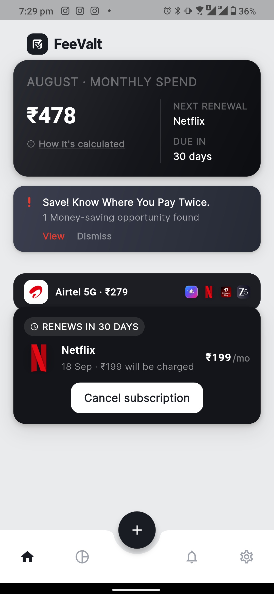 FeeValt home screen showing monthly spend and upcoming renewals